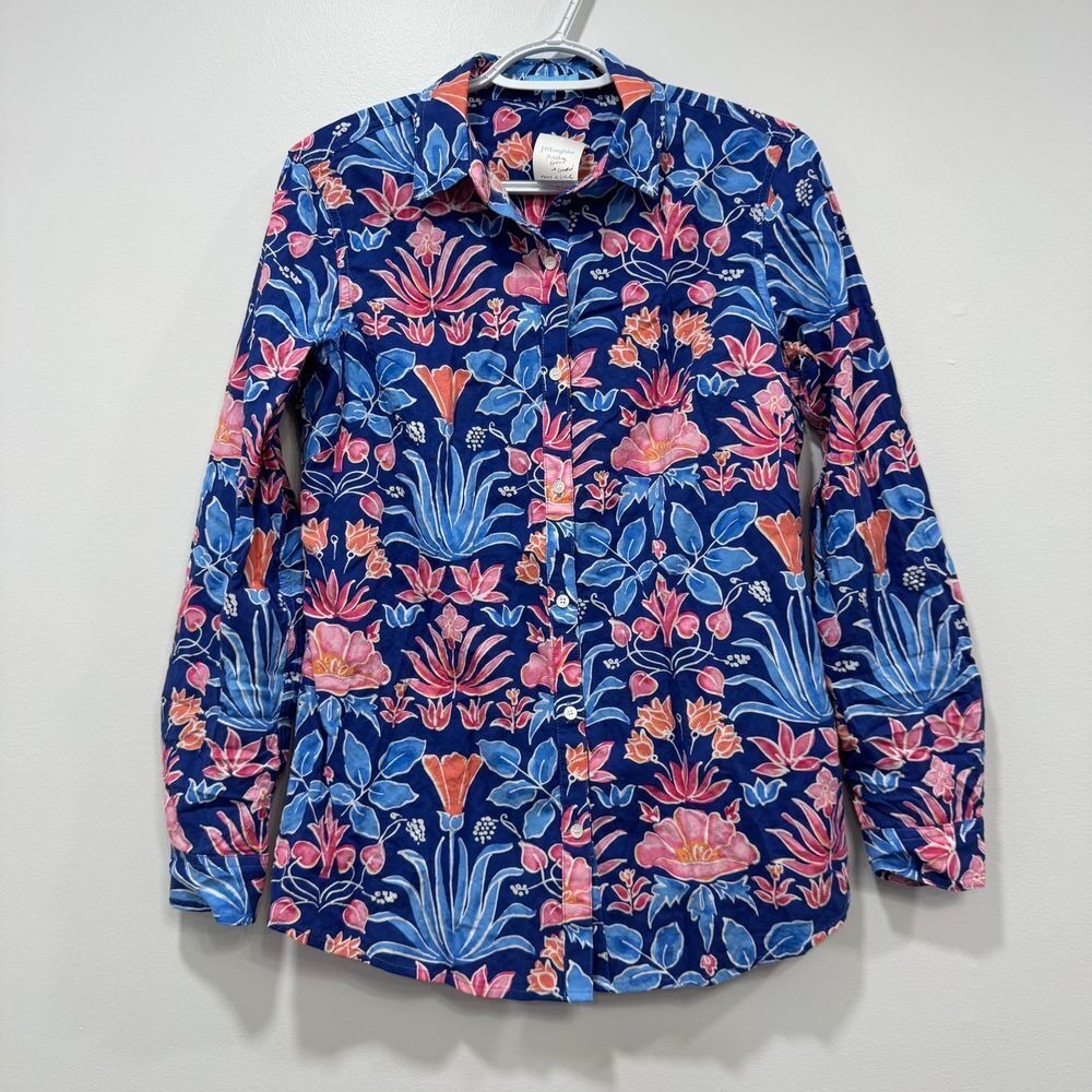 J Mclaughlin Womens Lois Blouse XS Cotton Botton Up Stained Glass‎ Long Sleeve